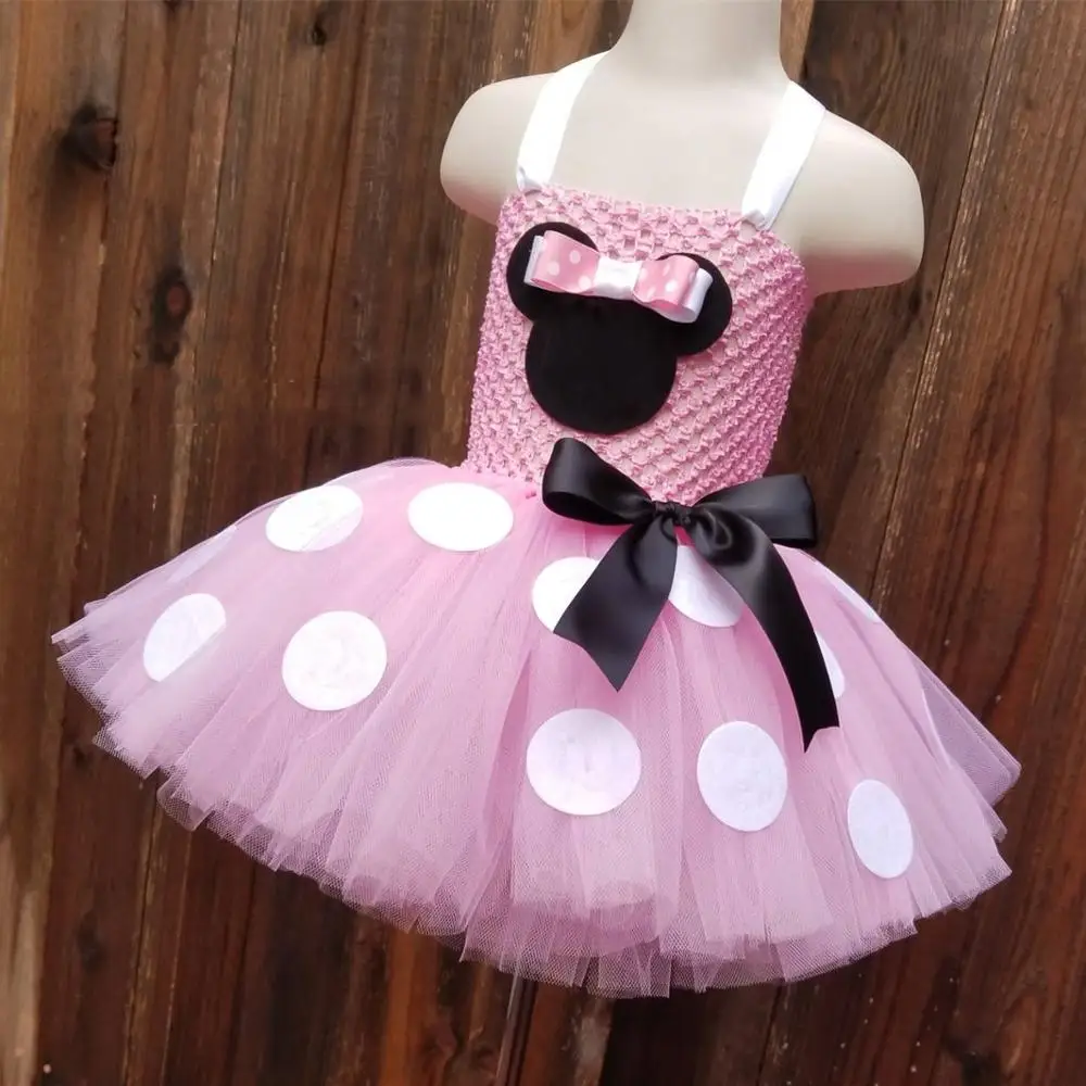 Cute Girls Pink Mickey Minnie Tutu Dress Baby Crochet Dress with White Dots and Hairbow Kids Party Cosplay Cartoon Costume