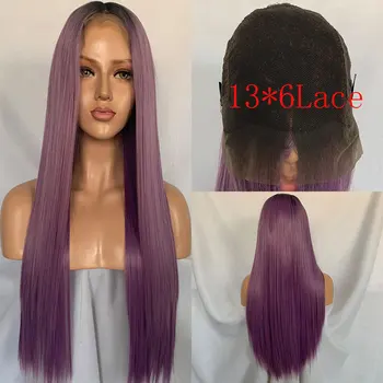 

Bomshell Black Roots Ombre Purple Synthetic 13*6 Large Lace Front Wig Silky Straight Heat Resistant Fiber Hair For Women Wigs