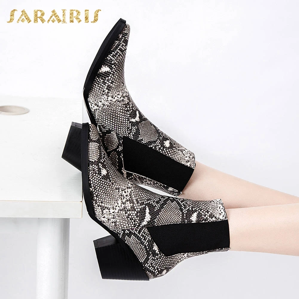 

Sarairis Fashion New Big Size 33-45 Pointed Toe Ankle Boots Woman Shoes Chunky Heels Slip On Autumn Winter Shoes Women Boots