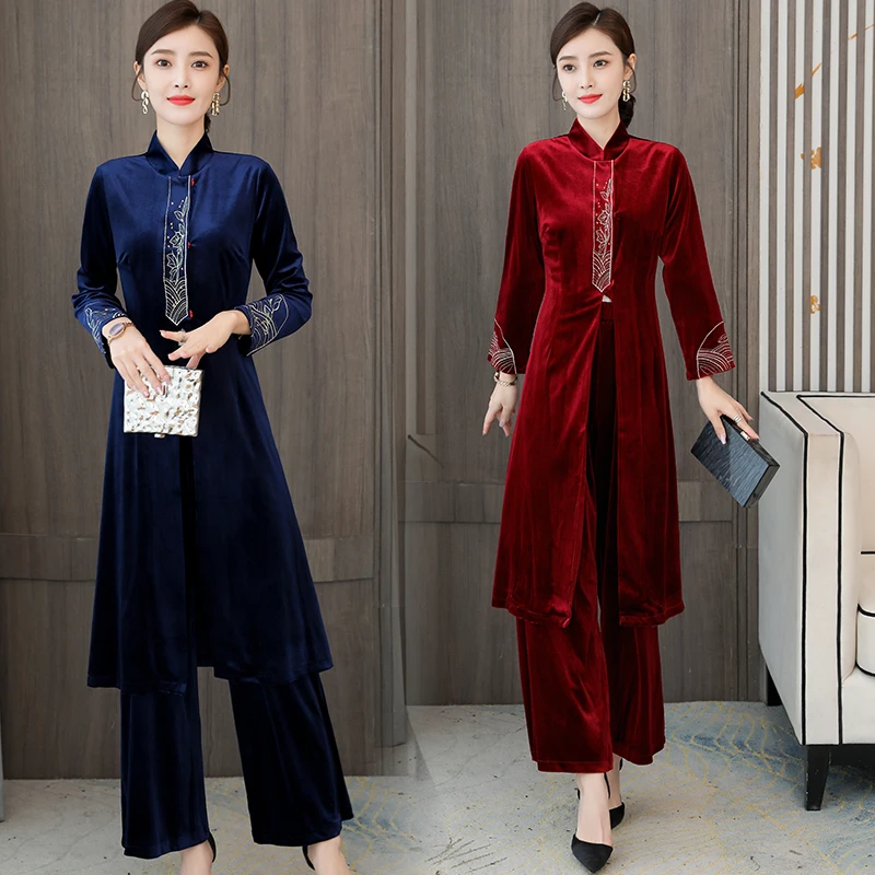 

Chinese Women Autumn Winter Elegant Velvet Pant Suit Set Female Vintage Two Piece Set Embroidery Wide leg pants Two-piece Suits