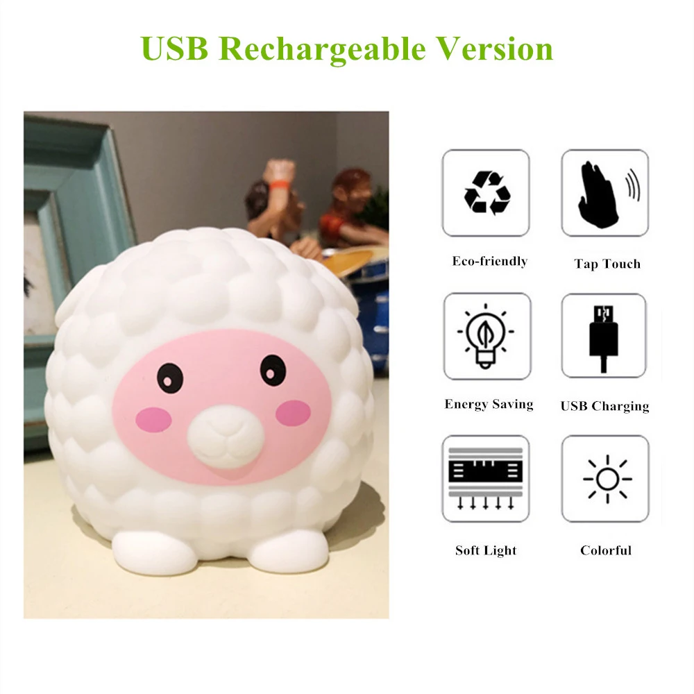 Светодиодный ночник с мультяшной овечкой, сенсорный датчик, цветной USB Перезаряжаемый силиконовый прикроватный светильник для детей, подарок для малышей