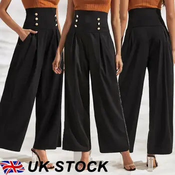 

Women High Waist Flared Wide Leg Long Pants Ladies Work Palazzo Long Trousers Button Style Female Trousers