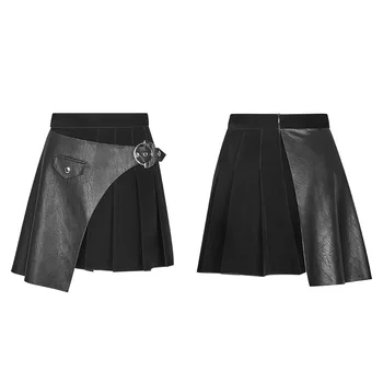 

PUNK RAVE Women's Pleated Stitching Half Skirt Woolen Lattice Velvet Pu Leather A Pendulum Slim Fit Casual Short Skirts