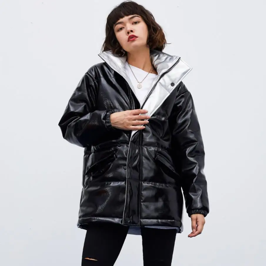 

Fashion warm velvet stitching lining pu leather jackets female Locomotive style oversized Windproof leather cotton jackets F601