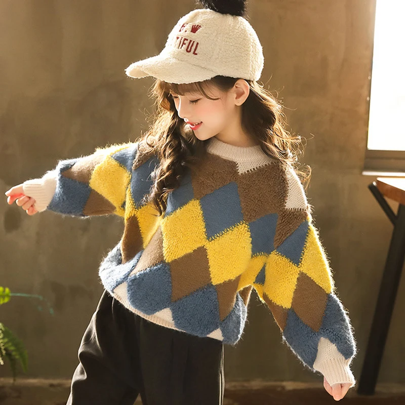 

Ins Autumn Winter Girls Sweaters Children Pullover Cotton Knitwear Kids Diamond Pattern Thicken Sweater for Girls Clothing Tops