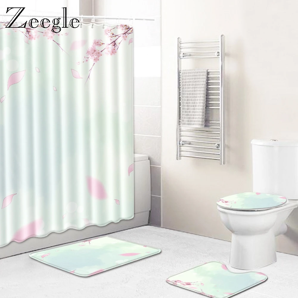 Zeegle Bath Mat Set Bathroom Curtain Toilet Pedestal Rug Toilet Seat Cover Foot Mat Bathroom Doormat Shoerw Mat 4pcs Toilet Set