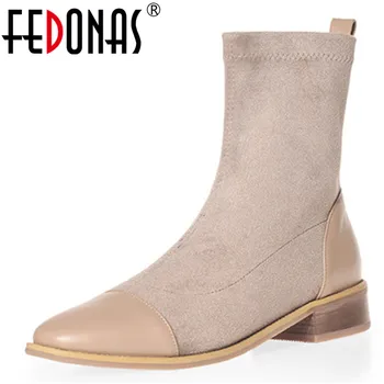 

FEDONAS Patchwork Genuine Leather Flock Female Big Size Socks Boots Prom Dancing Shoes Woman Winter Elegant Women Ankle Boots