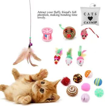 

16Pcs Variety Pack Cat Toys Kitten Interactive Catnip Tease Stick Mouse Toys Set Multi-Color Mice Ball Bells Tease Stick for Cat