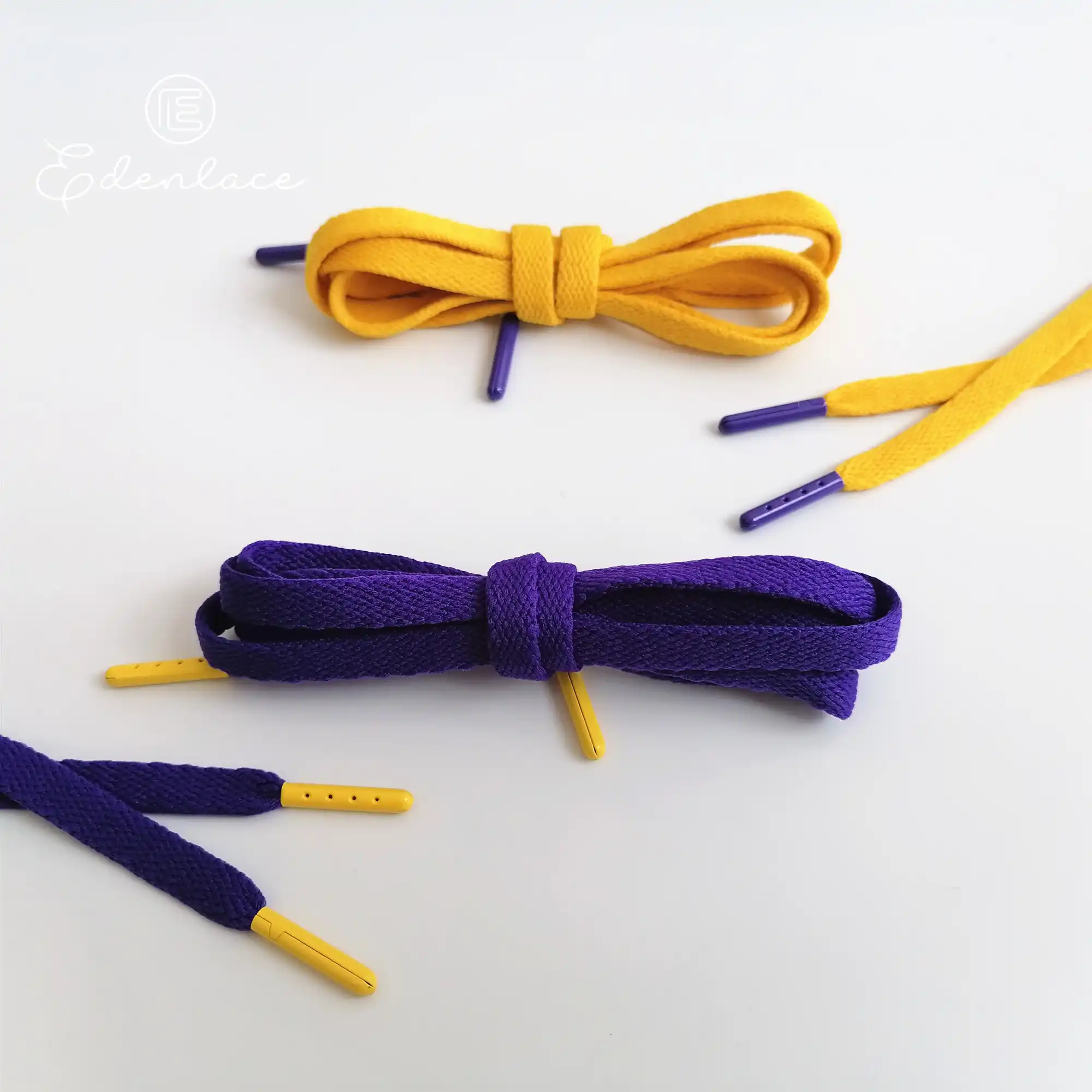 purple and yellow shoelaces