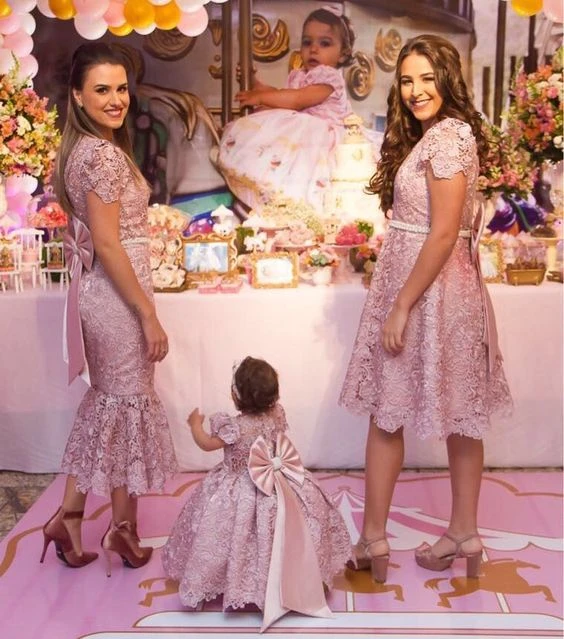 Vestidos para madre e hija, color rosa rubor, vestidos de primera comunicación para bautizo, vestidos rosas personalizados|Trajes iguales de familia| AliExpress