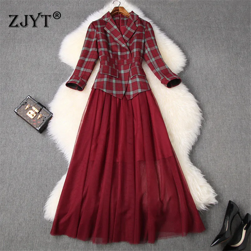 

New Spring Dress 2020 Elegant Designer Women Notched Collar Vintage Plaid Print Patchwork Mid Calf Tulle Office Party Dresses