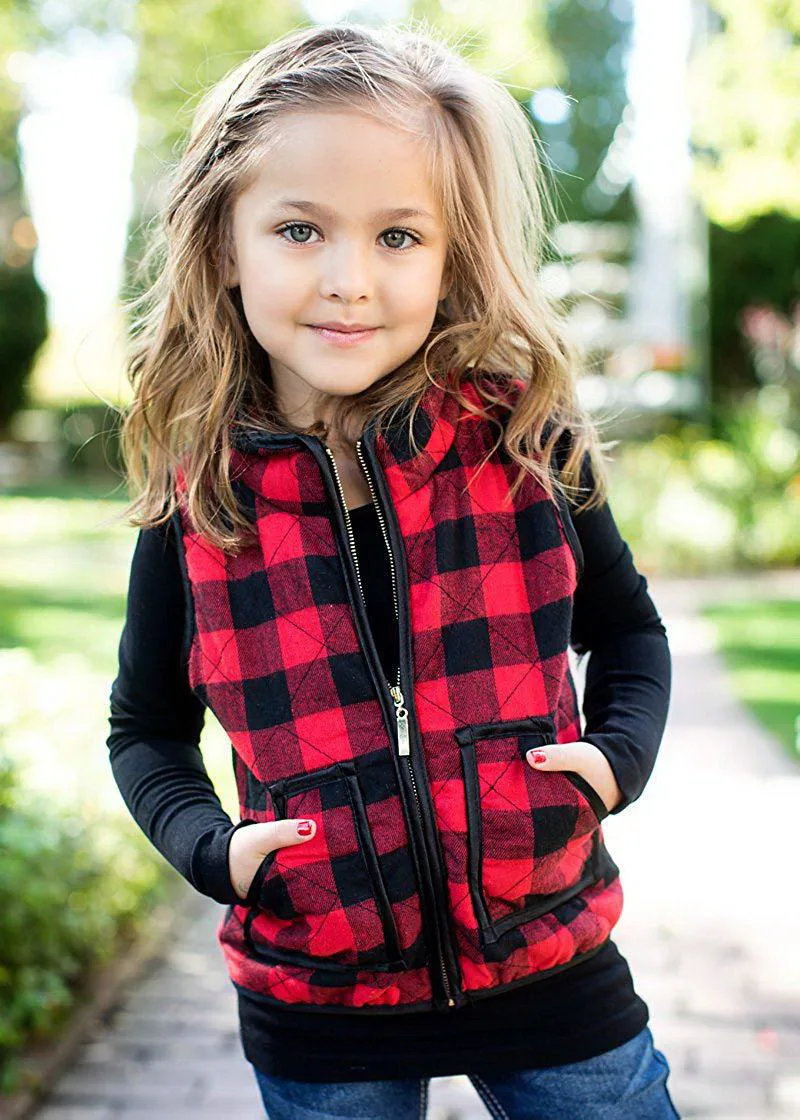 Retail Girls Plaid Quilted Waistcoat Baby Clothes Black Red Black White Spring Autumn Cotton Vests 3-7Y E81483 - Цвет: black red