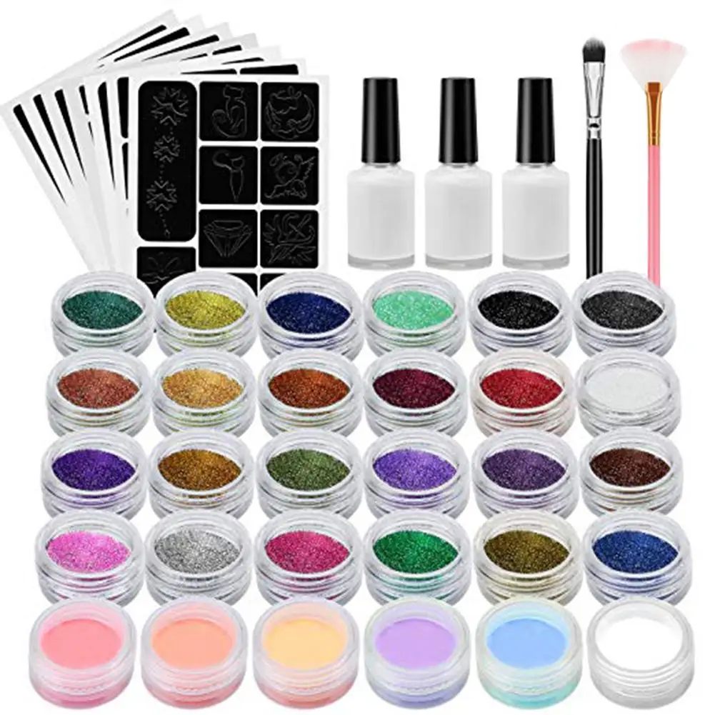 24 Color Tattoo Paint Templates Set Flash Diamond Glitter Flash Powder For Temporary Tattoo Set Kids Face Body Painting Art Tool