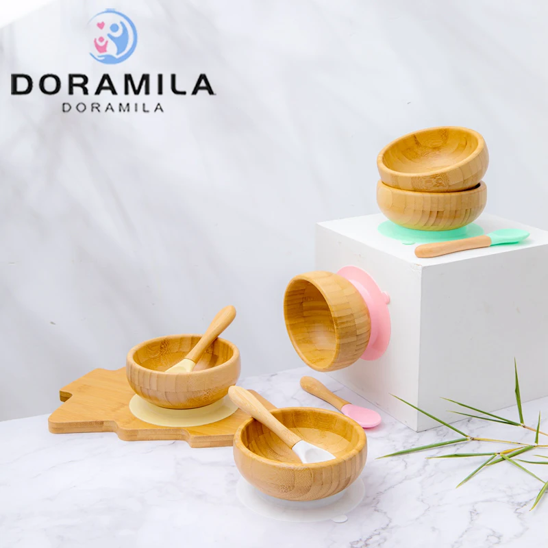 

Baby Feeding Bowl Spoon Fork Food Tableware Kids Wooden Training Plate Silicone Suction Cup Removable Children's Dishes Goods
