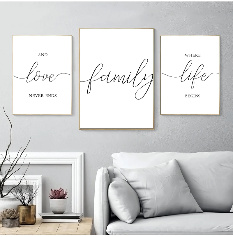 White Typography Poster, Family Sign Modern Wall Art Canvas Painting Pictures for Living Room Home Family Love Quote Print Black