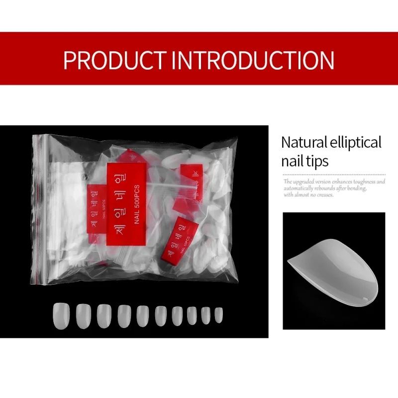 500Pcs Clear White Natural Elliptical French False Acrylic Nail Tips Nail Extension Nail Art Fake Nail Tool Nail Tips Smooth