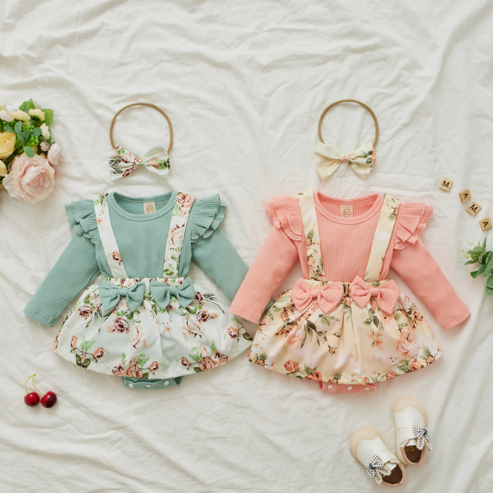 FOCUSNORM 3 Colors Sweet Baby Girls Clothes Sets 2pcs 0-24M Ruffles Long Sleeve Romper Tops Flowers Headband