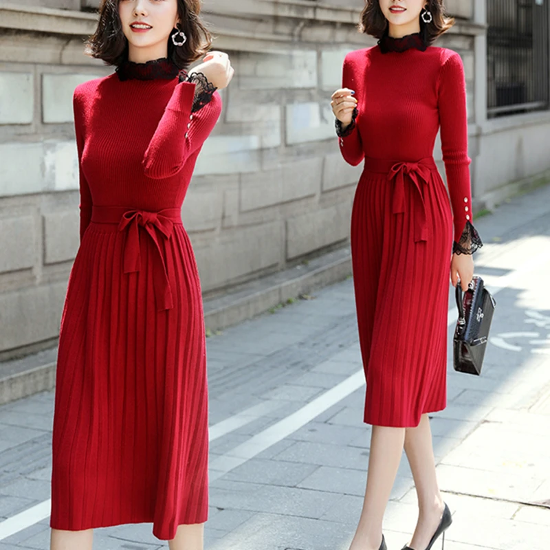 Skup Moda sweter sukienka kobiety swetry z dzianiny sukienki koreański kobieta sweter plisowana sukienki Vestidos De Fiesta sukienka w stylu Vintage kobietysukienka damska sukienki na wesele damskie sukienki sukienki damski