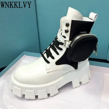 

Thick bottom martin Boots Women genuine leather mixed colors removable pocket design ankle Boots Motorcycle Boots runway shoes