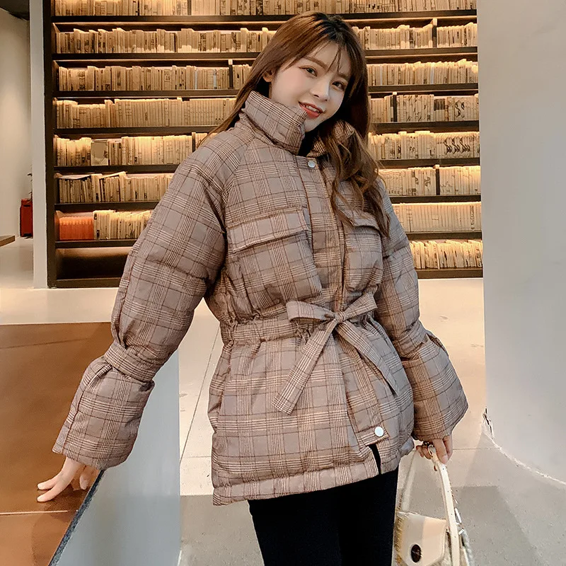 

2019 New Style Winter Plaid Cotton Coat Women's Short Korean-style Students Slimming INS Hong Kong Style down Feather Cotton Ove