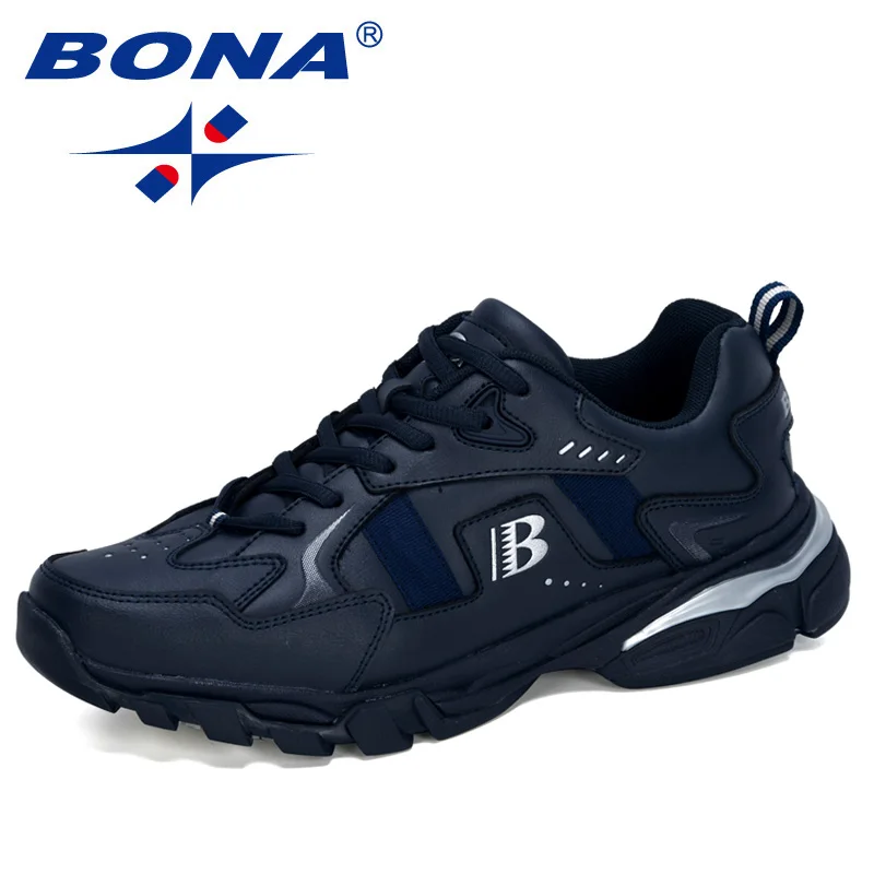 Deep blue S gray BONA/Новинка года; дизайнерские кожаные мужские кроссовки для бега; уличная Нескользящая износостойкая спортивная обувь; Мужская обувь для бега и ходьбы - Цвет: Deep blue S gray