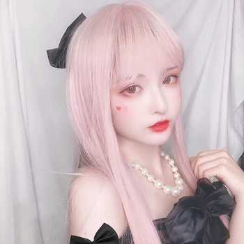 

HUAYA Synthetic Long Straight Hair with Bangs for Women Cosplay Natural Heat Resistant Cube Lolita Wig Halloween Party pink wig
