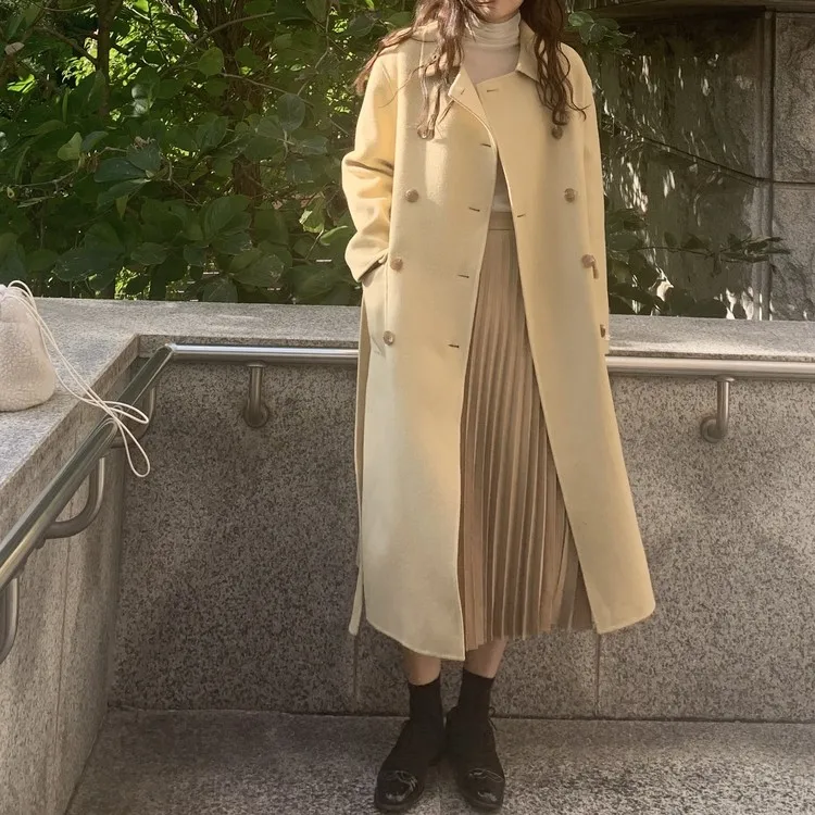 В Корейском стиле; с длинными рукавами, шерстяные пальто зима-осень двубортное тонкое шерстяное пальто с отложным воротником Повседневное пальто плюс размер пальто Femme Hiver