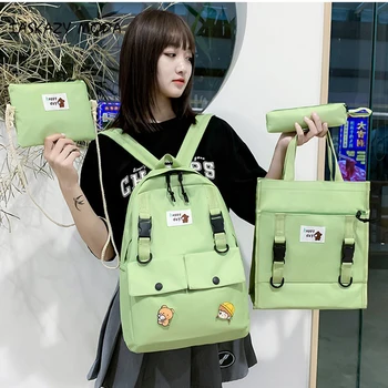 

2020 4Pcs/Set High Capacity Women Backpack High School Student Bookbags Korean Fashion Girls Boys Shoulder Bags Travel Backbags