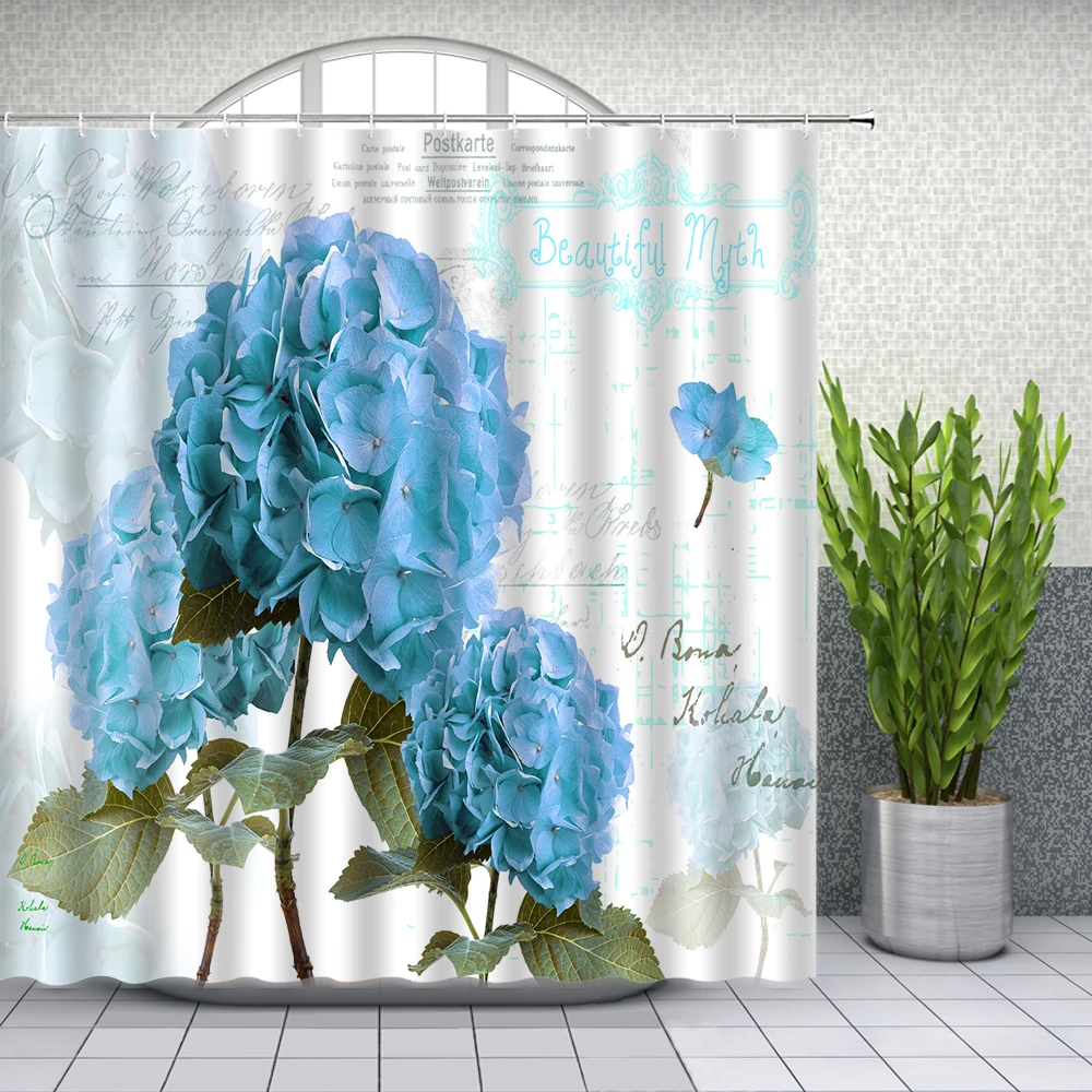 

Spring Flower Shower Curtains Blue Floral Plant Pattern Bathroom Decor Home Bath Waterproof Polyester Cloth Curtain Set