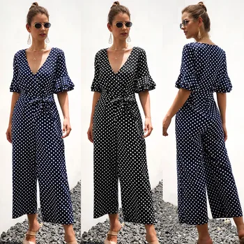 

Casual Jumpsuit Women's Clothes Hight Waist Dot Wide Leg Jumpsuit combinaison Ladies Lace Up Short Sleeve Playsuit jump suit#C10