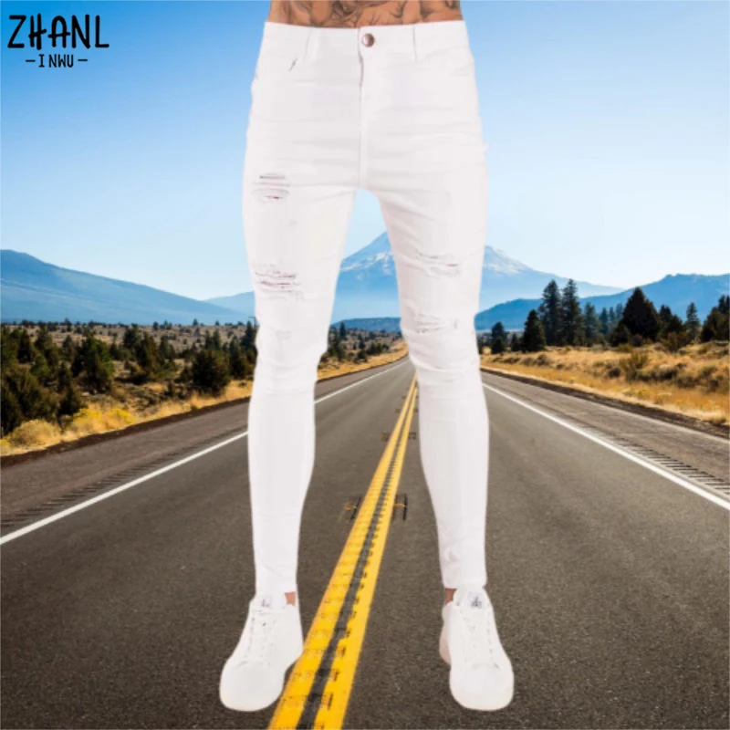 Men Jeans Elastic Waist Skinny Stretch Ripped Denim Pants Joggers Trousers