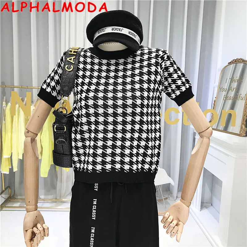 ALPHALMODA Женский вязаный свитер с коротким рукавом черный белый тонкий модный