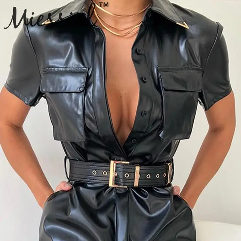Miessial, женское офисное платье из искусственной кожи с черным поясом, женская верхняя одежда с коротким рукавом, модное платье миди, весеннее сексуальное элегантное вечернее платье