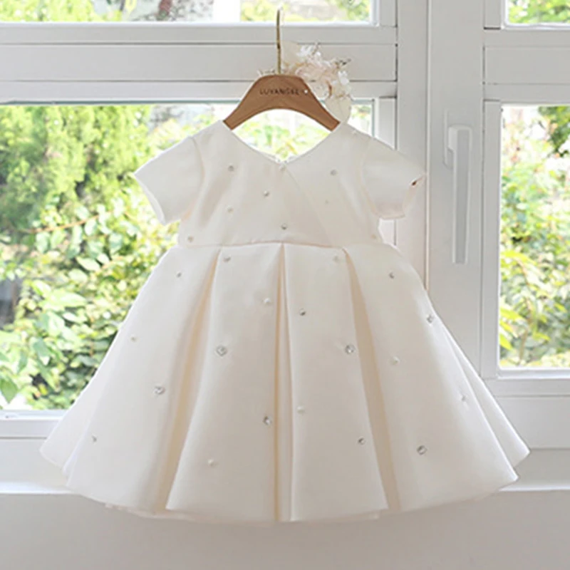 

Children's V-neck beaded dress christening dress back bow cute princess dress wedding flower girl dress