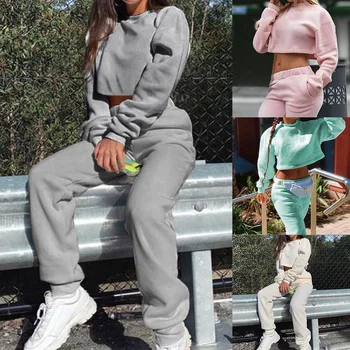 

Tracksuit Women Two Piece Soft Set Fleece Warm Streetwear Short Sleeve Crop Top + Jogger Pants Sport Matching Sweatsuit Outfit