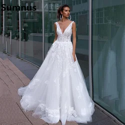 Sumnus Sexy V Neck Wedding Gowns Luxury Lace Appliques Backless Princess Wedding Gowns White Plus Size Bridal Gowns
