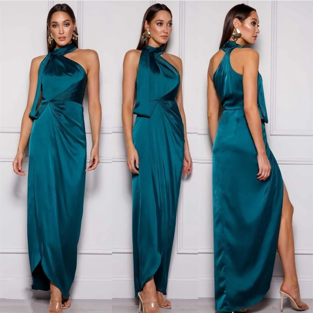 

Sexy Long Blue Evening Dresses with Slit Halter Satin Prom Gowns Robes de soirée Floor Length Party Dresses