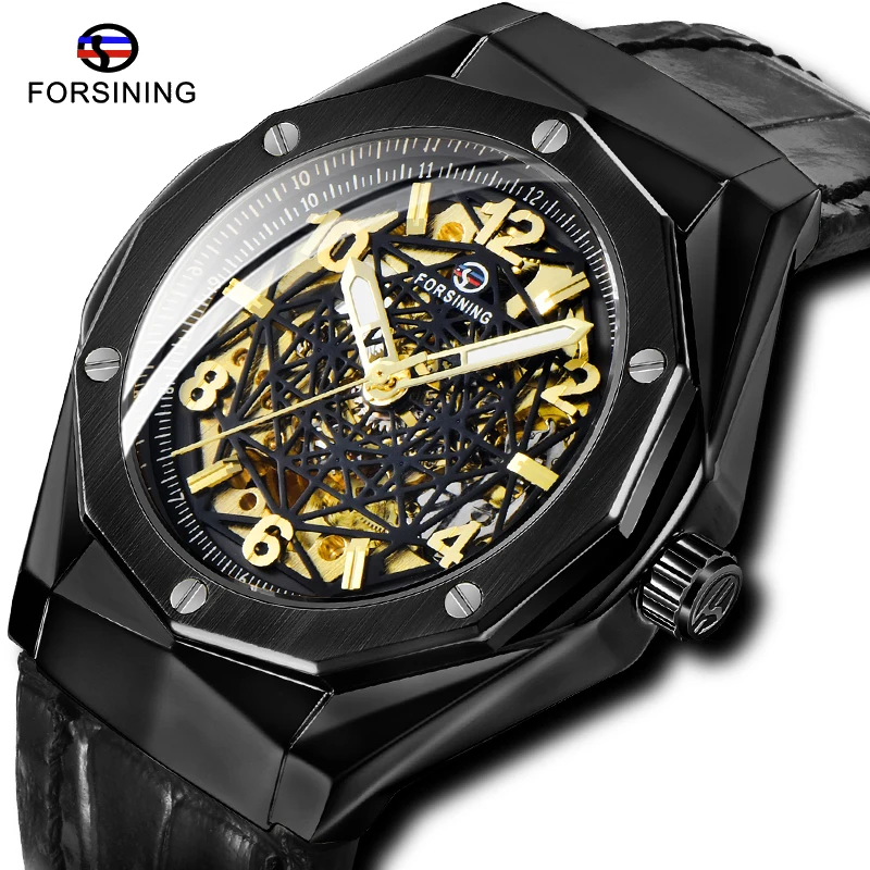 

Fashion FORSINING Men's Automatic Mechanical Watch Black Spider Web Hollow Dial Black Case Genuine Leather Strap Luminous Watch