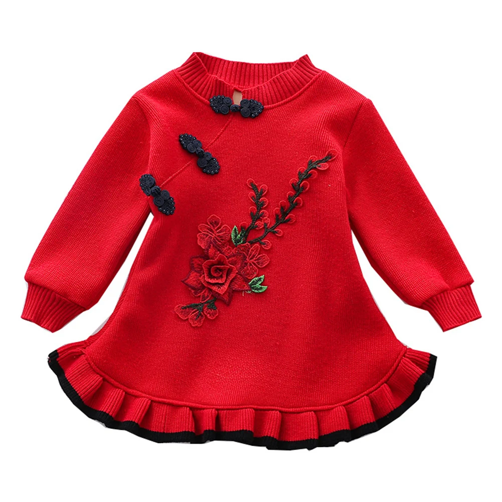 

Kids Little Girls Long Sleeve Cozy Casual Ribbed Knit Sweater Dress Flower Print Ruffle Hem Princess Wedding Skirt High Quality