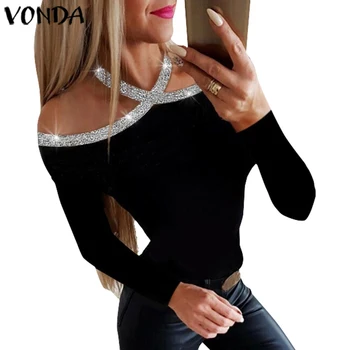 

VONDA 2020 Autumn Women Long Sleeve Tops Female Lace-up Leisure Shirt Rhinestone Details Halter Blouse Casual Loose Blusas 5XL