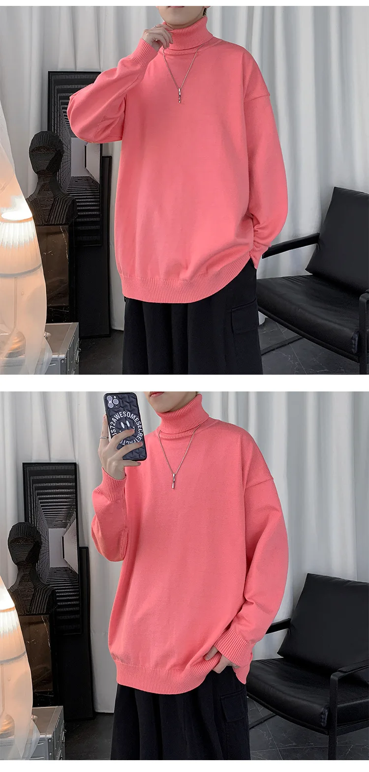 Korean Fashion Solid Color Men Sweater High Neck Turtleneck Sweaters Men Casual Clothes Autumn Winter Tops Oversized Sweaters vintage sweaters mens