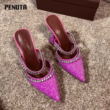 

2020 PENUTA Bling Bling Sexy Summer Slippers Silver Pointed Toe Beading Strap Sequined High Heel Dress Shoes Fashion Slides S03