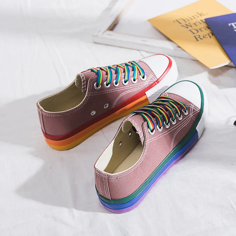 SWYIVY/радужные белые туфли; женские парусиновые кроссовки с цветным кружевом; Новинка года; сезон весна; женские повседневные кроссовки; обувь на платформе; цвет белый - Цвет: Pink