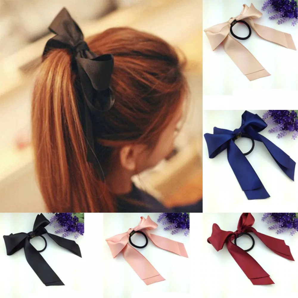Women Rubber Bands Tiara Satin Ribbon Hair Bow Elastic Band Rope Scrunchies Ponytail Holder Gum Accessories for Girls |