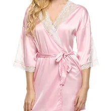 

Imitation Silk Plus Size Nightgown Three-quarter Sleeves Solid Color LaceSilky Soft Sexy Lingerie Nightdress