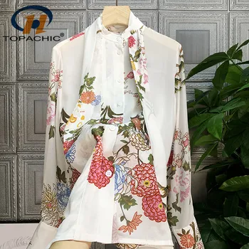 

4.17 Temperament Silk Shirt Women Stand Collar Long sleve Floral Print Pattern Elegant Single Breasted Blouse
