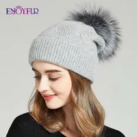 ENJOYFUR Winter Hats For Women Natural Fur Pompom hat Warm Wool Slouchy Beanies For Female Fashion Skullies Lady Hats 1