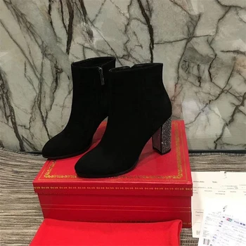 

Women Zipper boots crystal diamond shiny pointed high heel ankle boots Genuine Leather keeps warm in autumn and winter