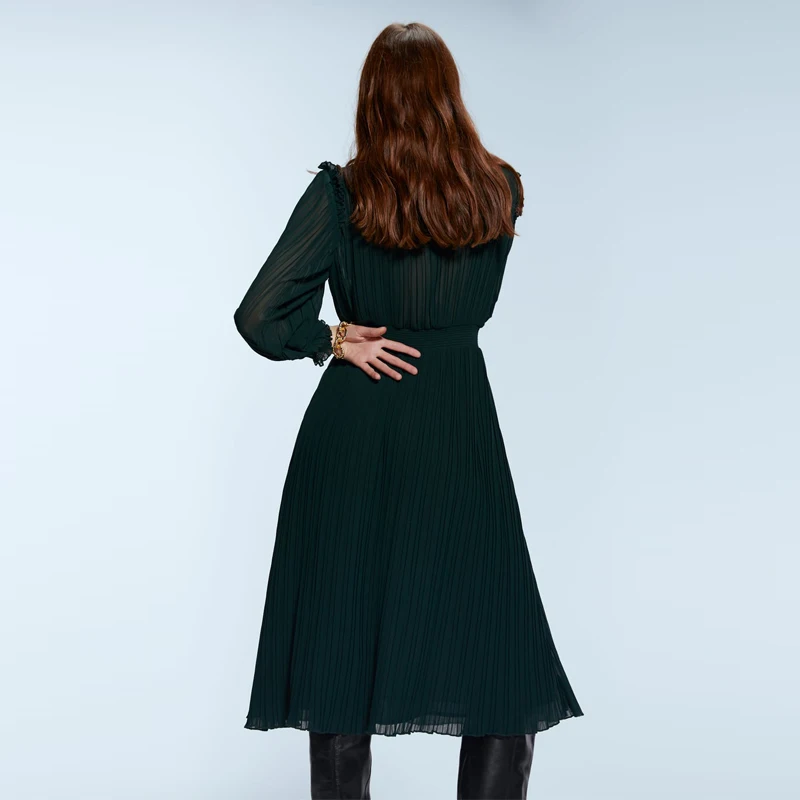 YNZZU элегантное Новое весенне-осеннее плиссированное платье для женщин темно-зеленое длинное с рюшами Воротник Высокая талия женское шифоновое платье Vestidos AD297