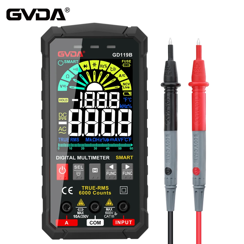 GVDA New Digital Multimeter T-RMS Auto Range AC DC NCV Color LCD Smart Multimetro Tester Ohm Capacitance Hz Temp Voltage Meter |